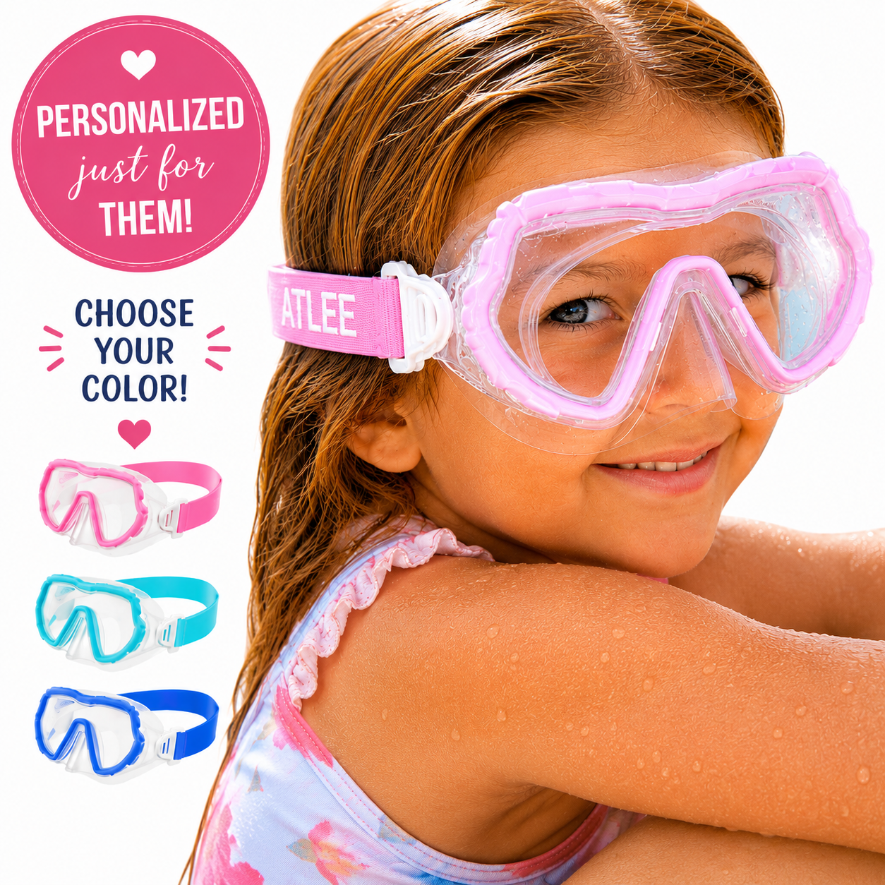 Personalized Kids Swim Goggles | Custom Name Strap | Soft Silicone Swim Mask | Sizes 3+