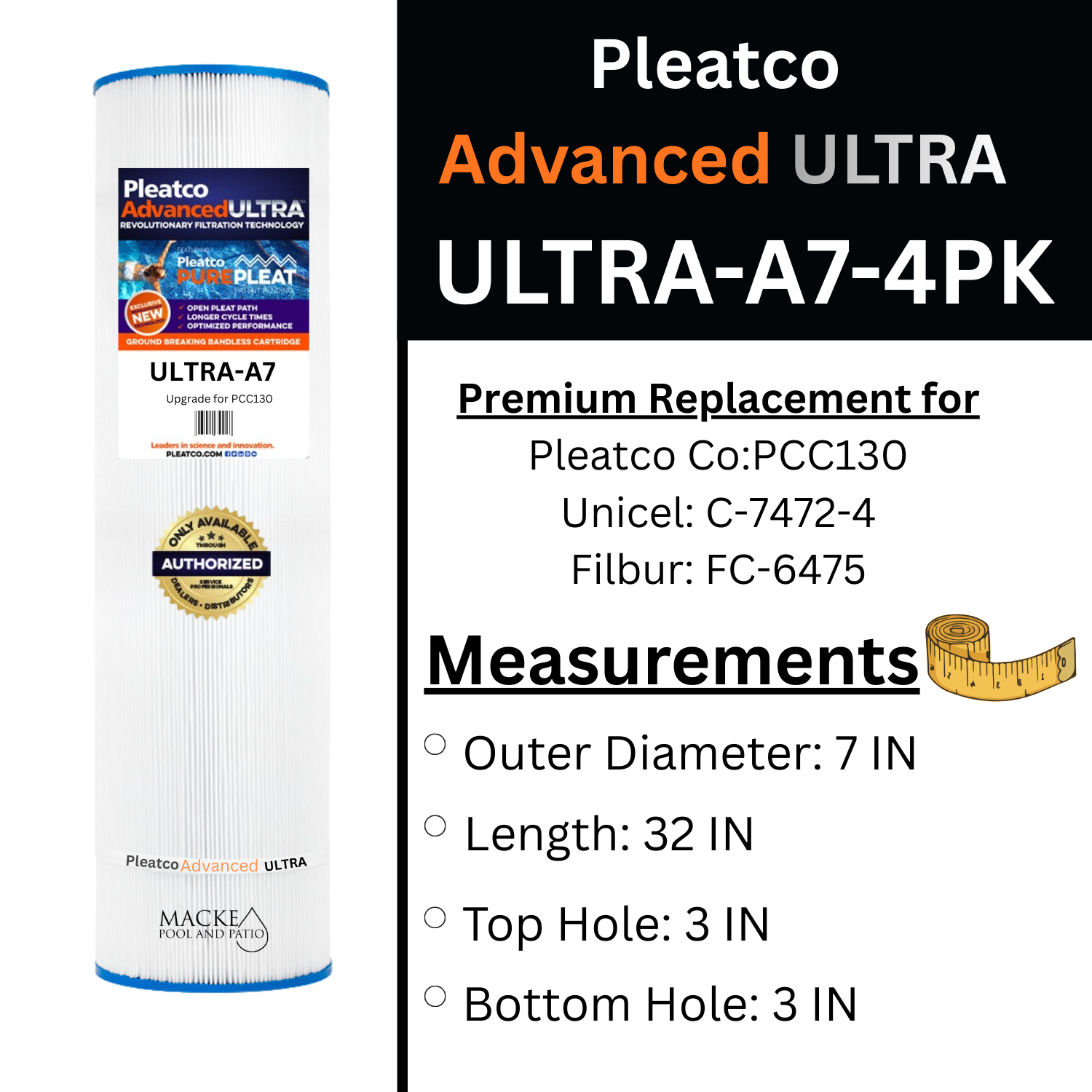 Pleatco ULTRA-A7-PAK4 pool filter cartridges (4 pack). Pentair